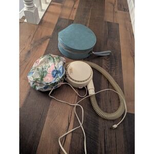 Dominion Vtg Hooded Hair Dryer Model 1826 Works Blue Carrying Case Floral Bonnet
